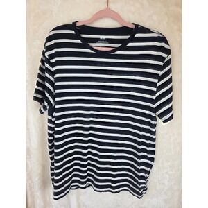 HM‎ Mens Large Regular Fit Navy Blue White Striped Short Sleeve Crewneck T-Shirt